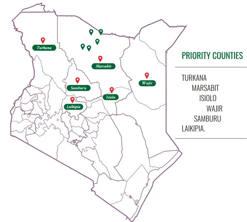 Map of PCK priority counties: Marsabit, Turkana, Wajir, Isiolo, Samburu, Laikipia